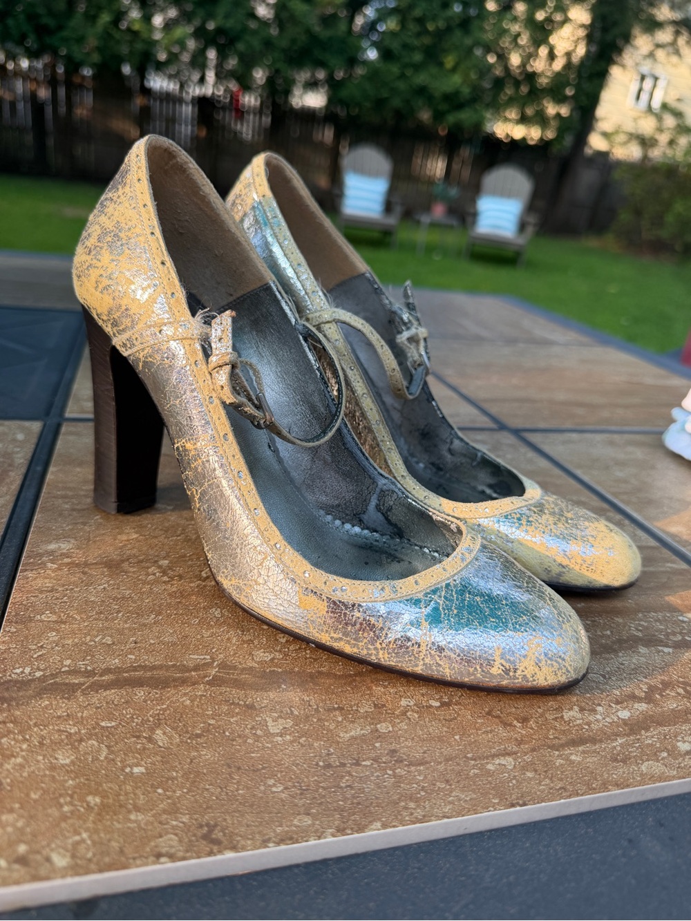 Vintage J. Crew Cracked Metallic Leather high-heel Mary Jane High Heel Pumps